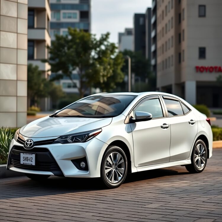 A detailed, high-resolution image of a Toyota Corolla XLI parked in a modern urban setting, highlighting its design and features without any text.