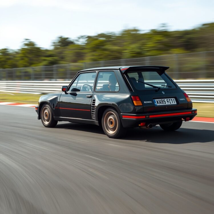 A dynamic side view of a 1987 Renault 5 GT Turbo accelerating on a racetrack, showcasing its speed and agility with motion blur in the background.