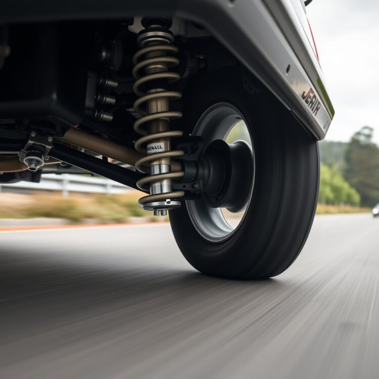 A close-up of the Renault 5 GT Turbo's suspension system in action, highlighting its engineering and design for optimal handling and dynamics on a smooth road.