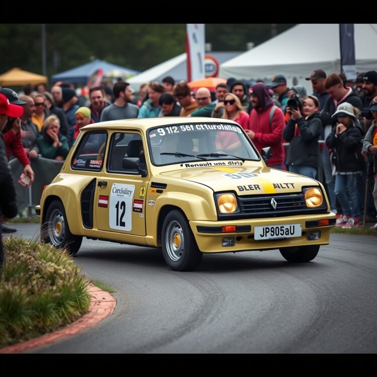 A vintage Renault 5 GT Turbo competing in a classic car rally, surrounded by enthusiastic spectators, capturing its cultural impact and legacy in motorsports.