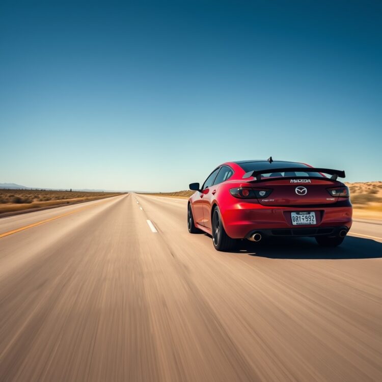 A high-performance Mazdaspeed 6 accelerating from 0 to 60 mph on a straight, empty road, showcasing its speed and agility under clear blue skies.