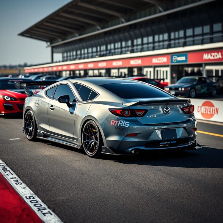 A Mazdaspeed 6 in a competitive racing setting, surrounded by other high-performance cars, highlighting its motorsport heritage and dynamic presence on the track.