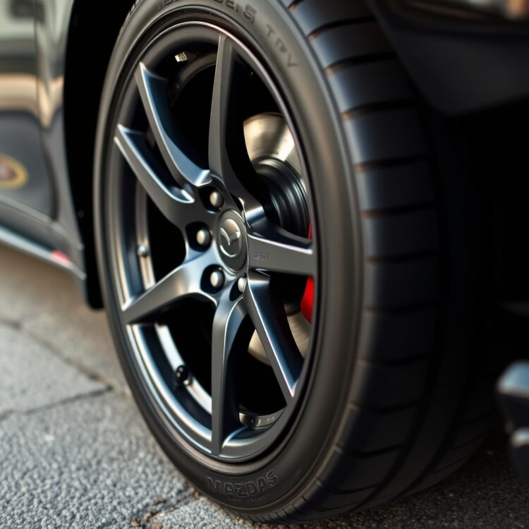 Close-up of a Mazdaspeed 6's wheel and tire setup, emphasizing the performance-oriented design and grip for optimal acceleration and handling.