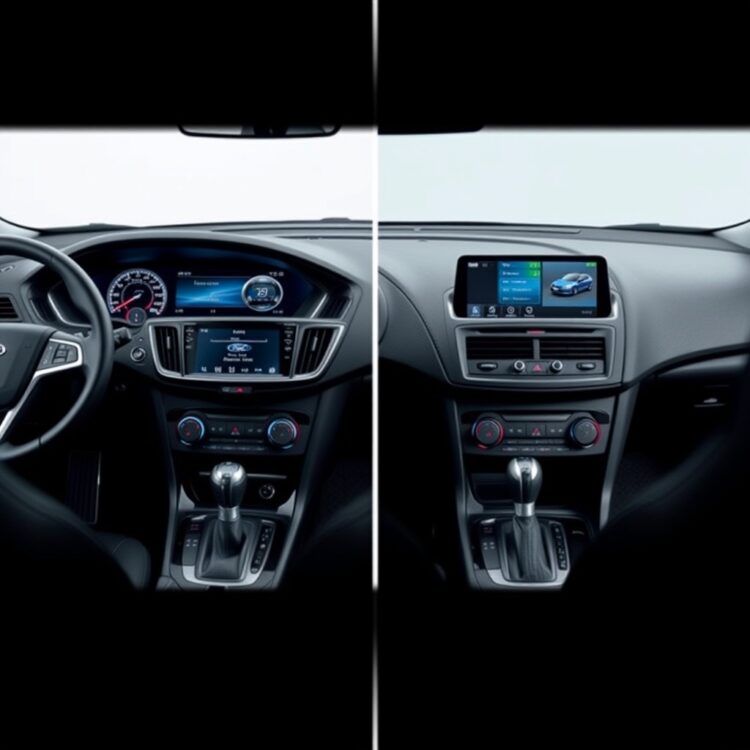 A high-quality, professional stock photo of the interior of a Vauxhall Astra VXR and Ford Focus ST side by side, showcasing their technology and infotainment systems without any text.