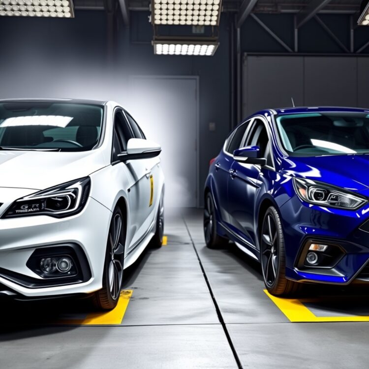 A professional stock photo image of a Vauxhall Astra VXR and Ford Focus ST undergoing safety tests, highlighting their safety features and technologies without any text.