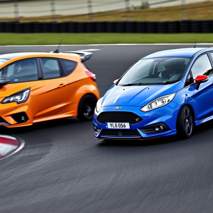 A dynamic side-by-side action shot of a Vauxhall Corsa VXR and a Ford Fiesta ST navigating a sharp corner on a racetrack, showcasing their handling and driving dynamics.