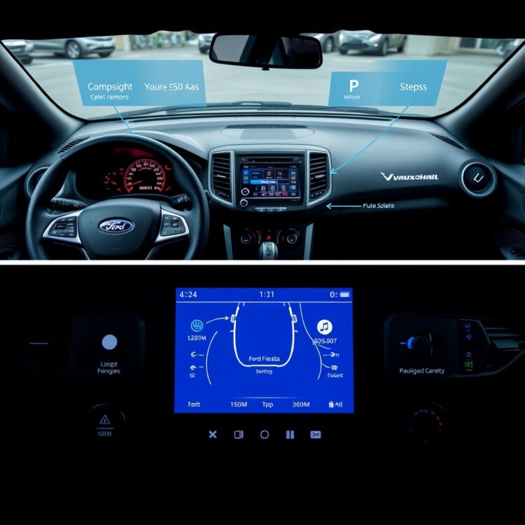 A detailed close-up of the dashboard and safety features of both the Vauxhall Corsa VXR and Ford Fiesta ST, highlighting their advanced safety technologies.