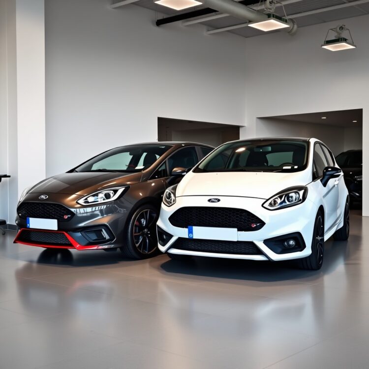 A sleek, professional image of a Vauxhall Corsa VXR and a Ford Fiesta ST parked side by side in a showroom, emphasizing their design and market value.