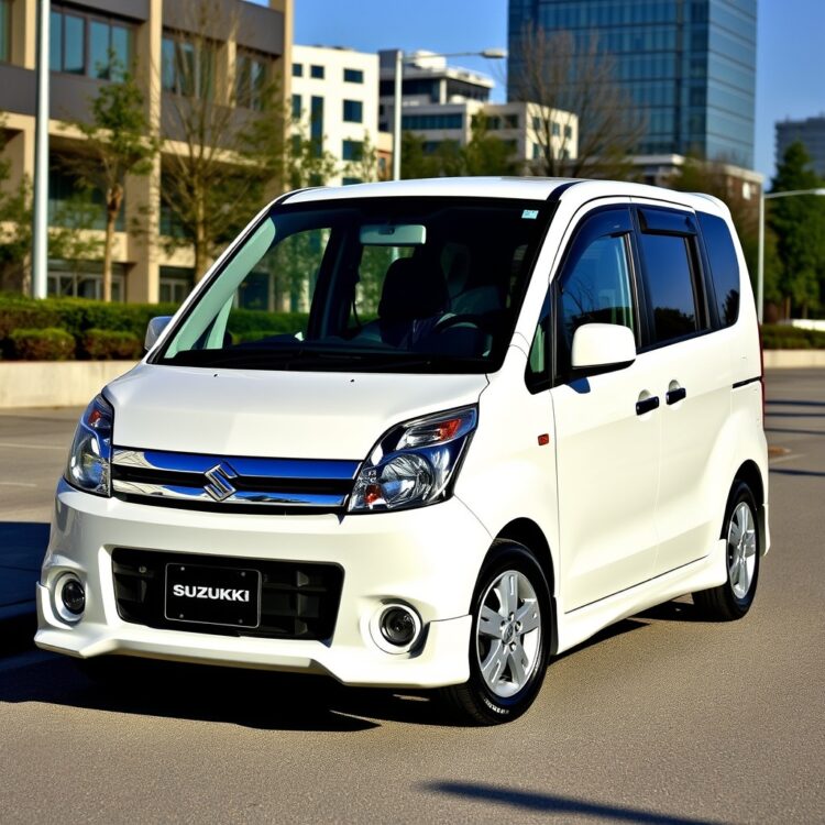 A sleek, modern Suzuki Wagon R from the fourth generation (2008) parked in an urban setting, showcasing its design and styling features under natural daylight.