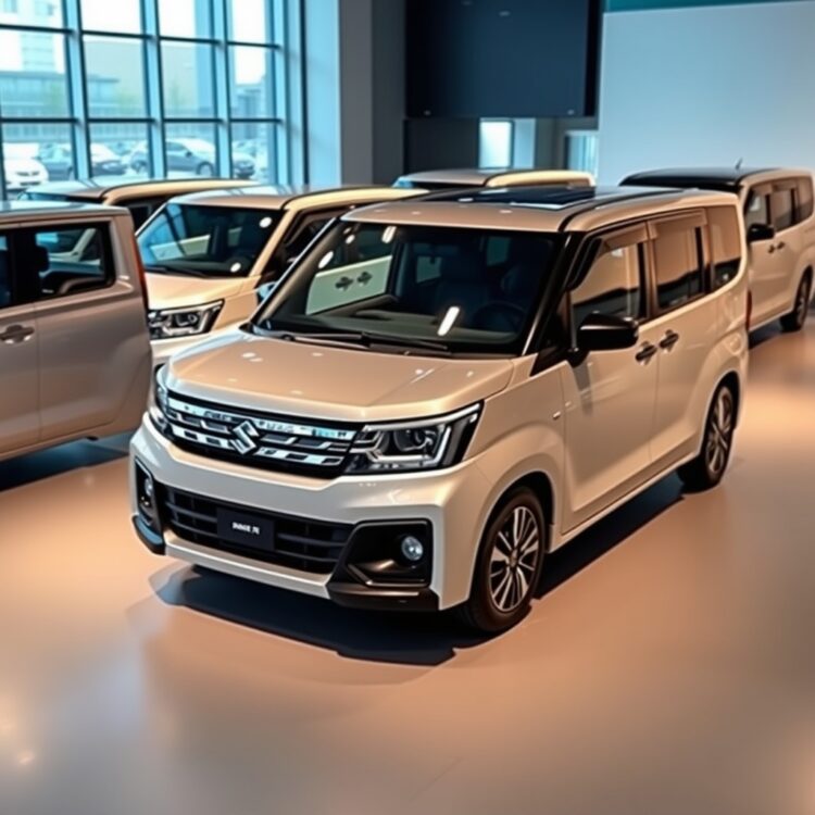 A lineup of Suzuki Wagon R variants including standard, luxury, and hybrid models, displayed in a showroom with professional lighting highlighting their differences.