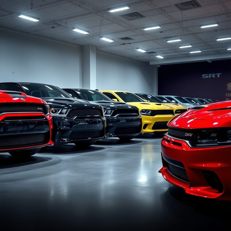 A sleek lineup of current and previous SRT models parked in a row under bright showroom lighting, highlighting their distinctive designs and performance features.