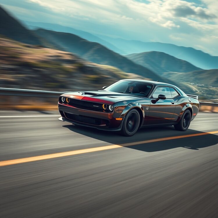 A high-performance SRT vehicle in motion on a scenic road, showcasing its speed and agility with a dynamic background of blurred landscapes.