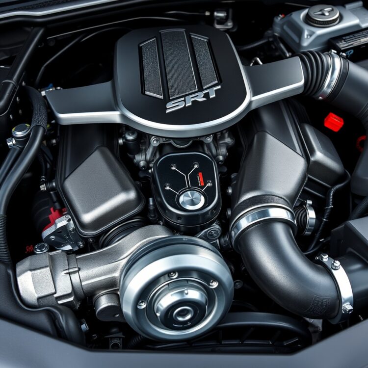 A detailed close-up of an SRT engine, emphasizing its power and engineering excellence with a focus on the intricate components and polished surfaces.