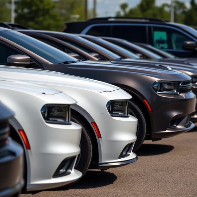 A sleek lineup of Dodge and Chrysler cars showcasing different trim levels side by side, highlighting the SXT trim with subtle badging and features under natural daylight.