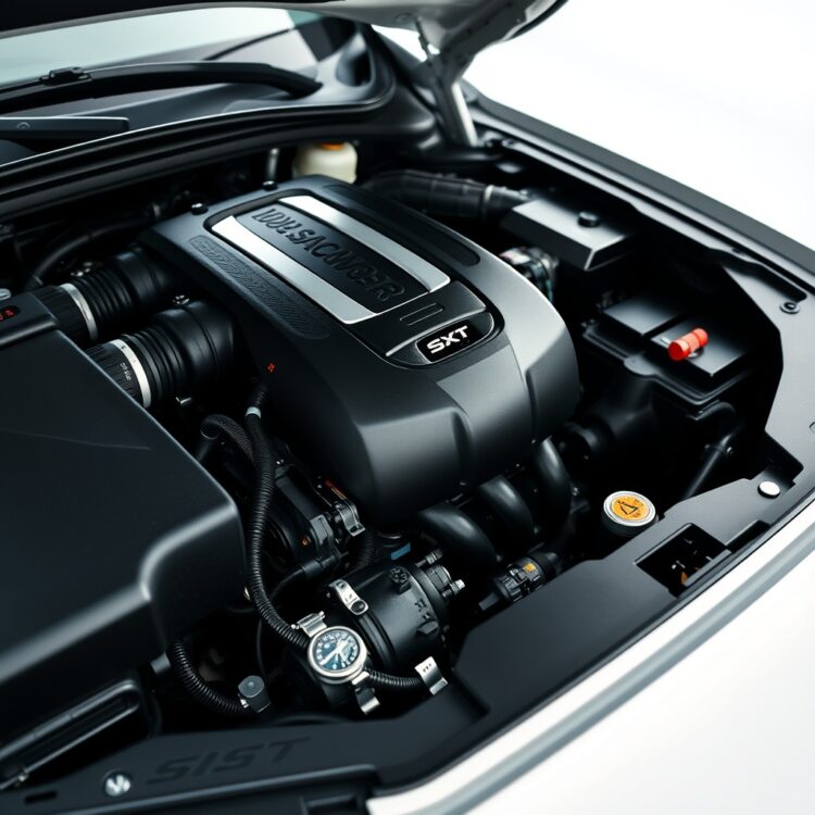 A detailed close-up of a modern SXT model's engine bay, showcasing the engine options and technology, with a clean and professional studio lighting setup.