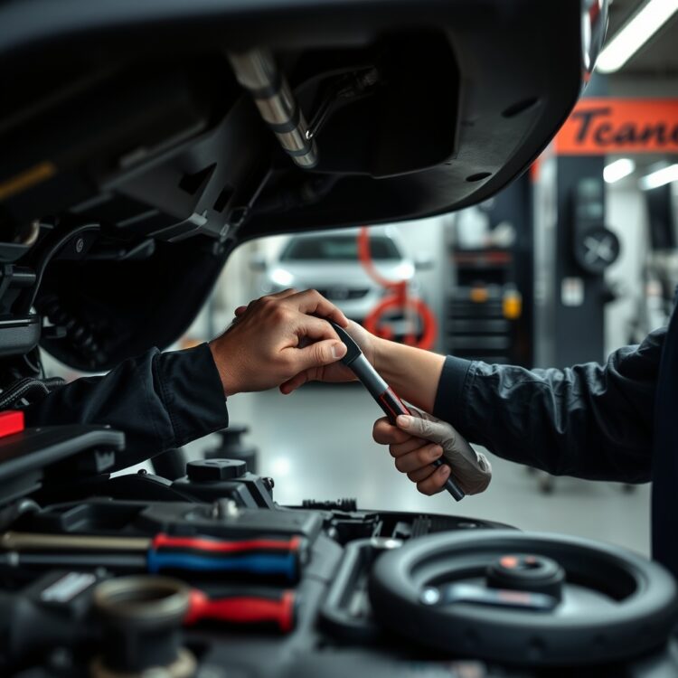 A well-maintained SXT vehicle undergoing a routine maintenance check at a professional service center, focusing on the mechanic's hands performing the service with tools in view.