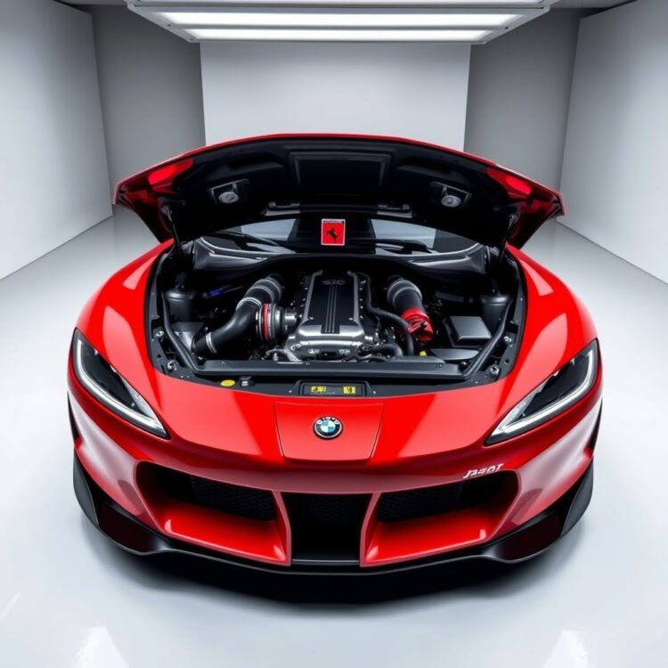 A sleek, high-performance car with a powerful engine on display, showcasing its technical specifications and aerodynamic design in a professional studio setting.