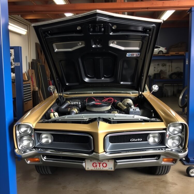 A classic GTO car undergoing restoration, with focus on the intricate engineering and craftsmanship involved in bringing vintage models back to life.