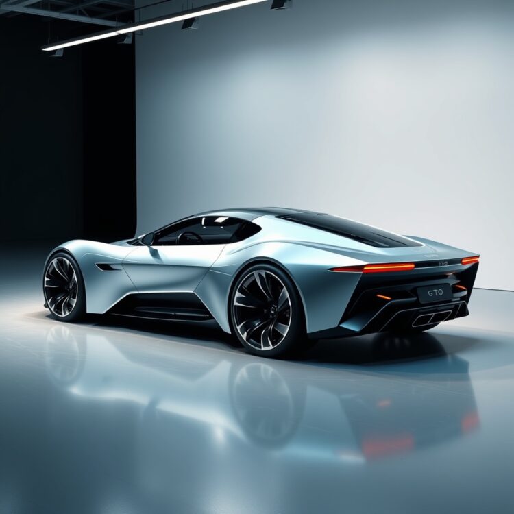 A futuristic concept car with electric or hybrid technology, representing the next generation of GTO models in a sleek, modern design studio.