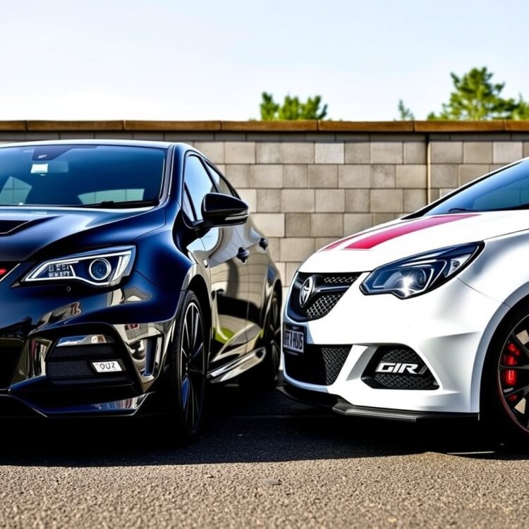 A sleek, high-performance Vauxhall VXR and VXR Nürburgring Edition parked side by side, showcasing their exterior design differences under natural lighting, no text.