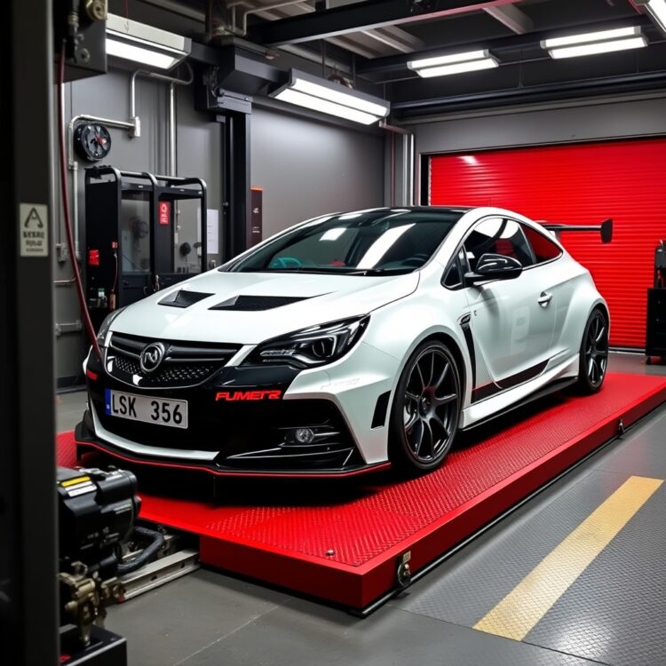 A modified Vauxhall VXR Nürburgring Edition on a dyno, illustrating popular upgrades and tuning potential, no text.