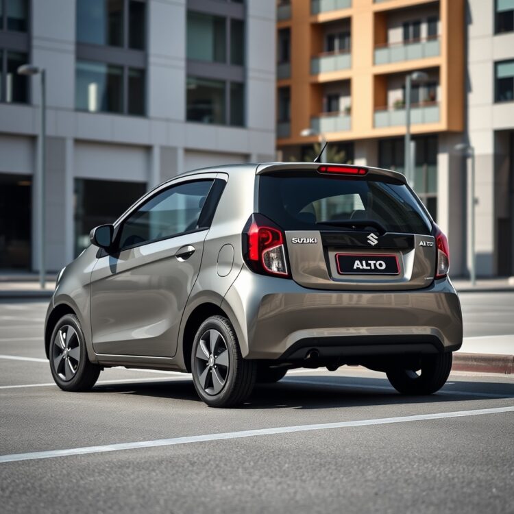 A sleek, modern Suzuki Alto parked in an urban setting, showcasing its exterior design features from a side angle under natural daylight.