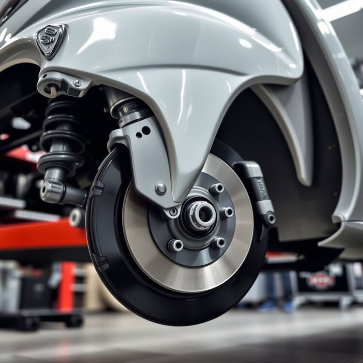 Close-up of a Suzuki Alto's braking system and suspension components, highlighting the engineering and design in a well-lit garage environment.