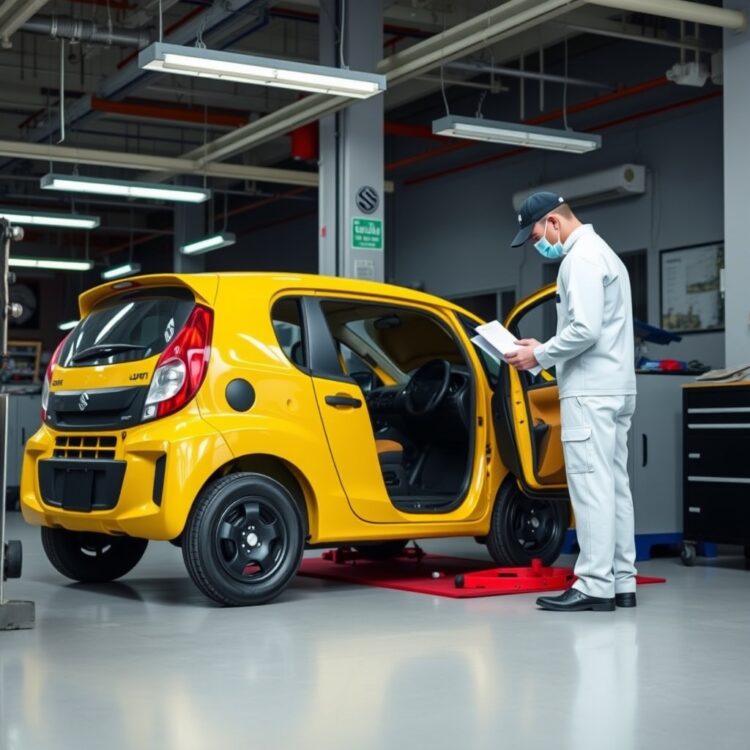 A professional service center with a Suzuki Alto being serviced, focusing on the warranty documentation and a technician performing maintenance.