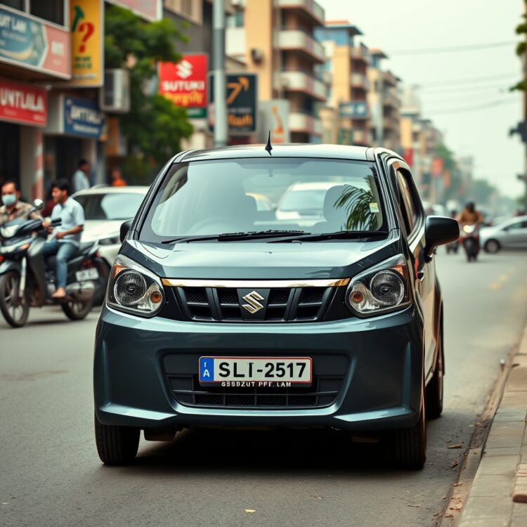 A sleek, modern Suzuki Alto parked in a bustling city street in Pakistan, showcasing its compact design and fuel efficiency.