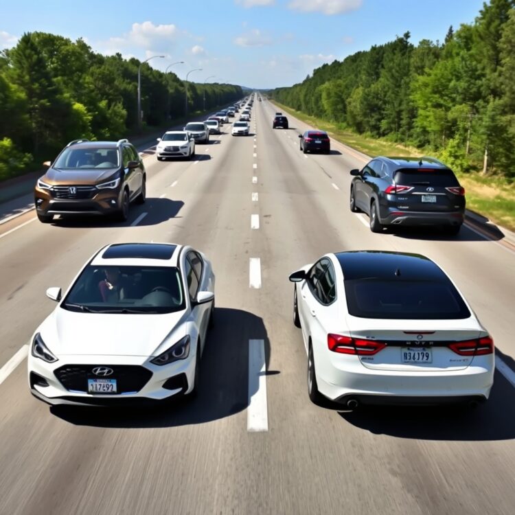 Side-by-side comparison of various fuel-efficient cars on a highway, emphasizing their aerodynamic designs and fuel-saving capabilities.