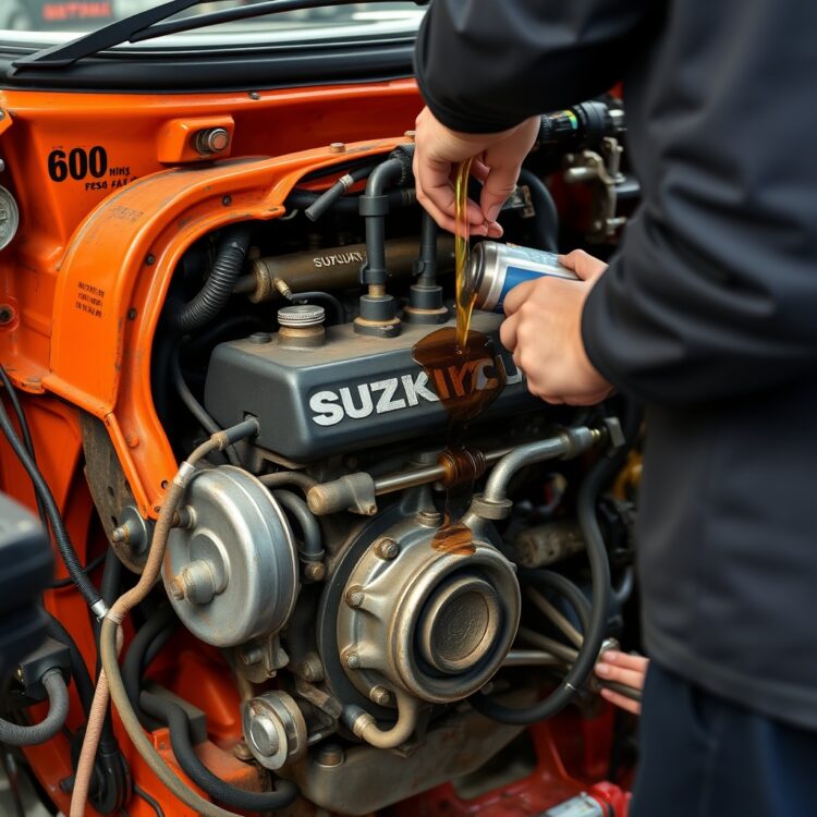 A well-maintained Suzuki Alto engine with a mechanic performing an oil change, showcasing the importance of regular maintenance for engine longevity.