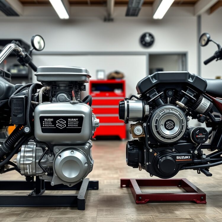 A side-by-side comparison of a Suzuki Alto engine and a competitor's engine in a clean, professional garage setting, highlighting durability and performance differences.