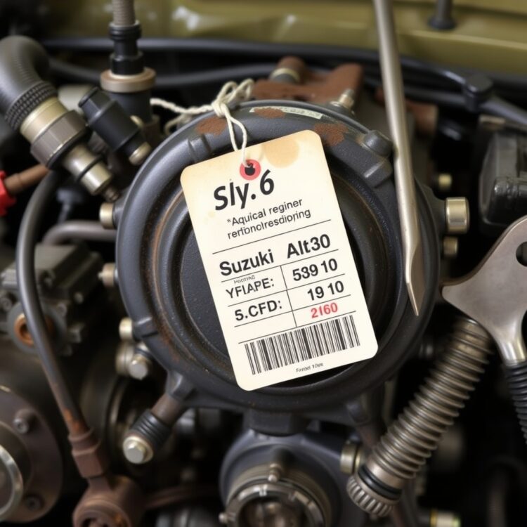 A detailed close-up of a Suzuki Alto engine with a price tag and tools around it, illustrating the cost considerations for engine repairs and replacements.