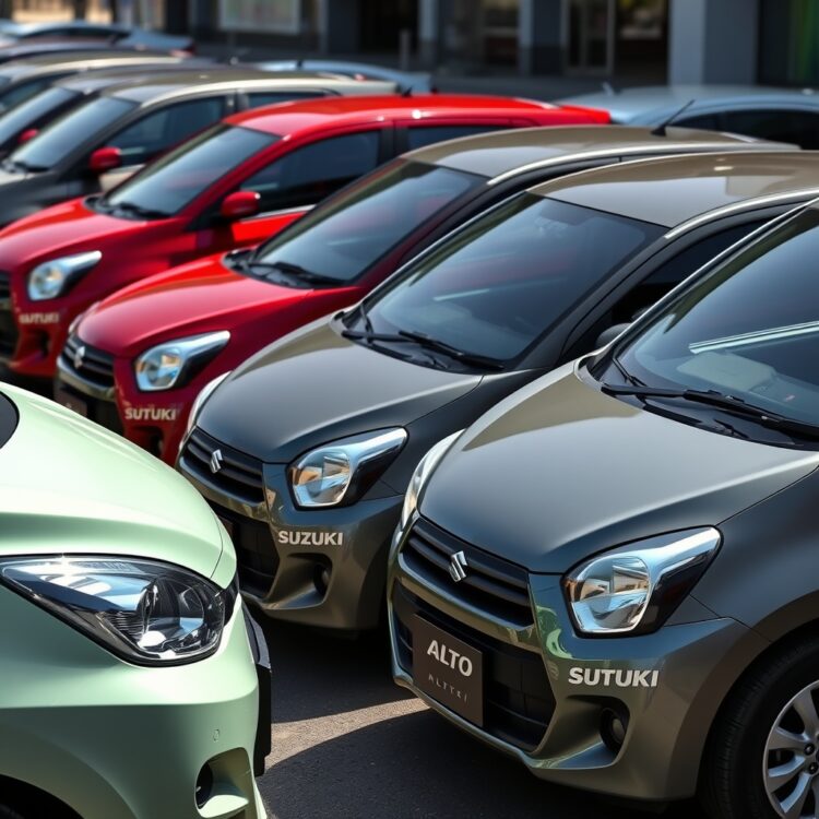 A sleek lineup of various Suzuki Alto models parked side by side under daylight, showcasing their design differences and features without any text.