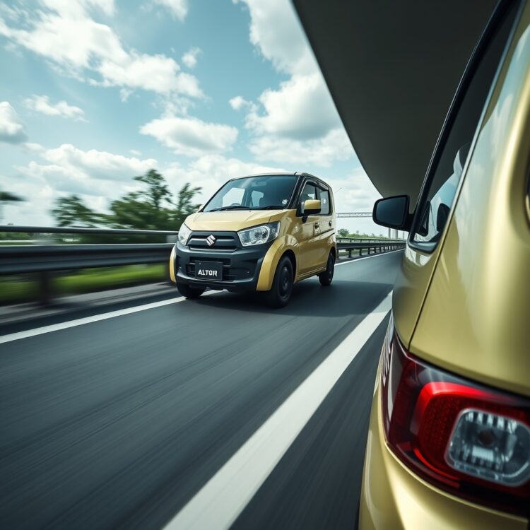 A close-up of a Suzuki Alto A-Star in motion on a highway, highlighting its aerodynamic design and efficiency, with no text on the image.