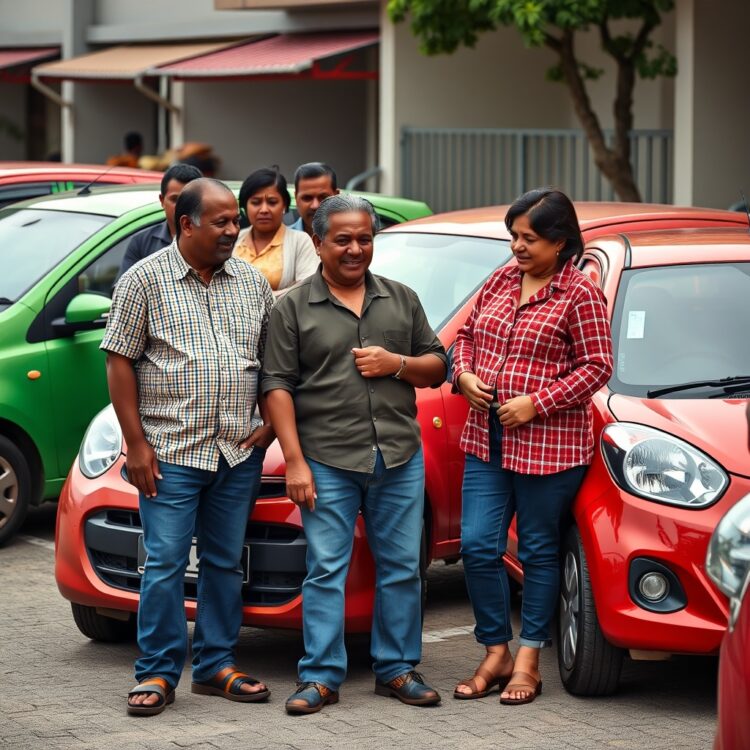 A group of diverse Suzuki Alto owners standing beside their cars, sharing their experiences, captured in a candid moment without any text.