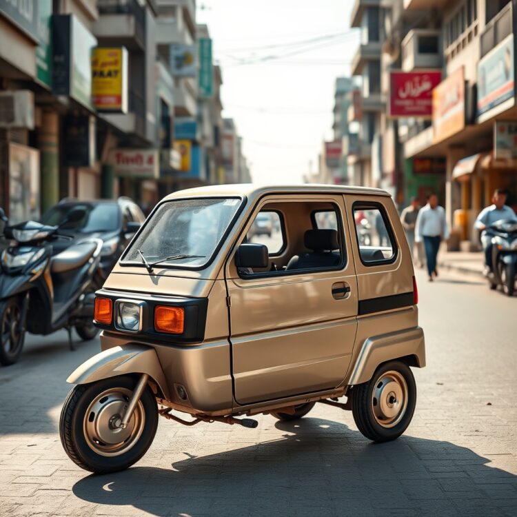 A sleek, compact Suzuki Mehran parked on a bustling street in Pakistan, showcasing its classic design and affordability under the bright sunlight.