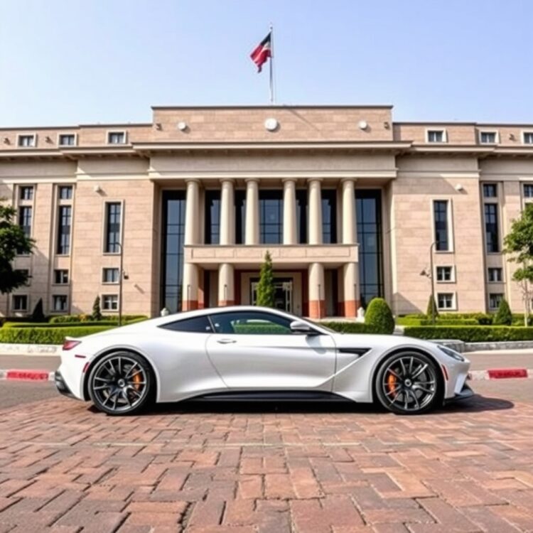 A professional stock photo showing a luxury car parked in front of a government building, symbolizing the impact of government policies on luxury car prices in Pakistan.