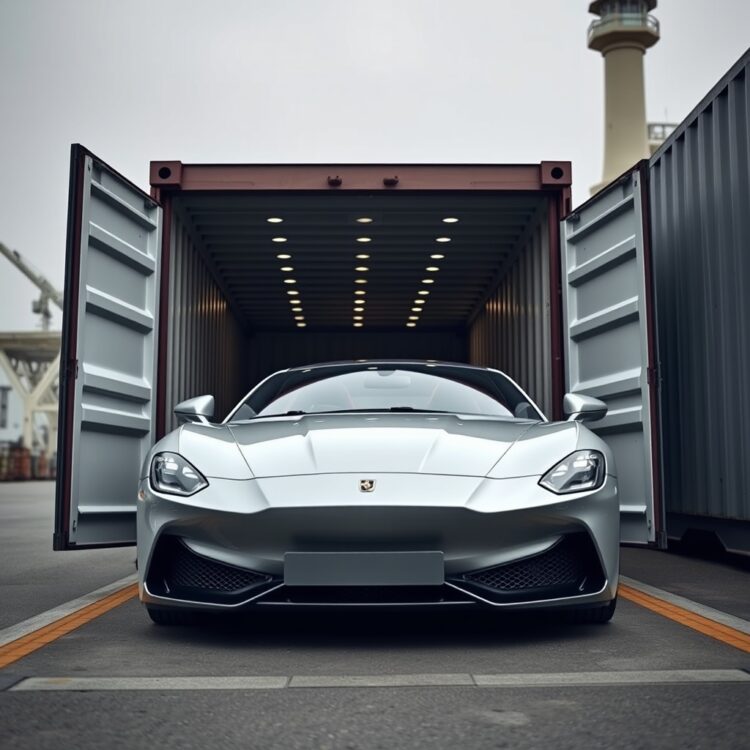 A professional stock photo of a luxury car being unloaded from a shipping container at a port, representing the process and costs involved in importing luxury cars to Pakistan.