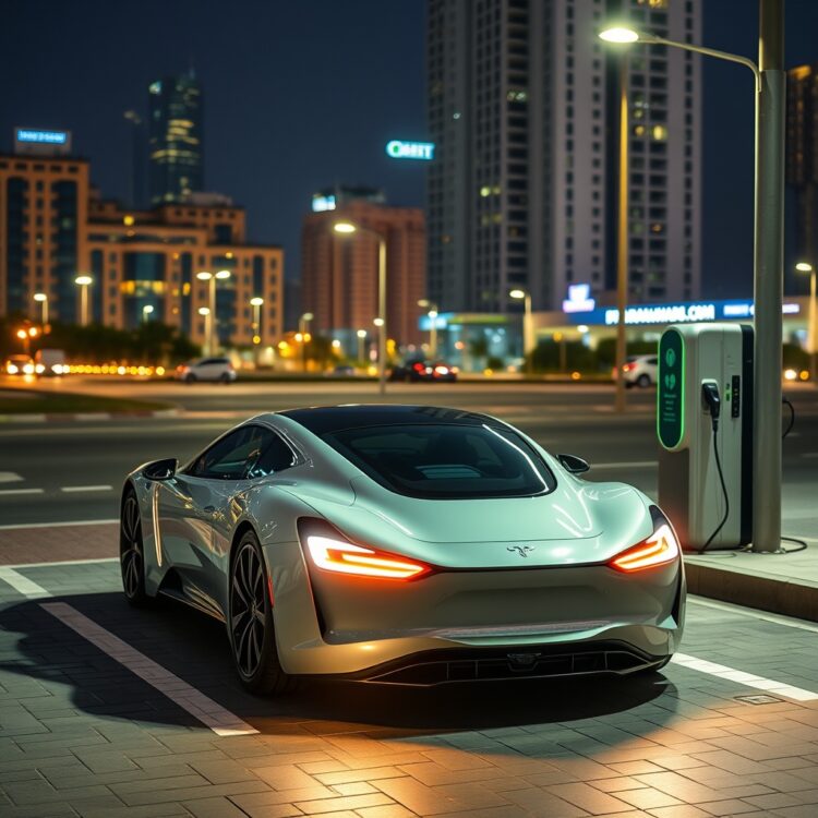 A professional stock photo of an electric luxury car charging at a station in a cityscape, highlighting environmental considerations and the shift towards electric luxury cars in Pakistan.