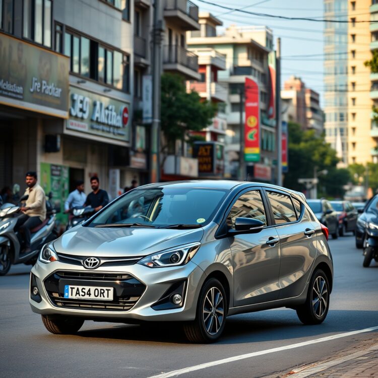A sleek, modern low-priced car parked in a bustling Pakistani city street, showcasing its design and affordability.