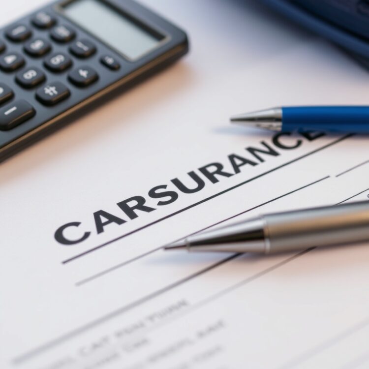 A close-up of a car insurance document with a calculator and pen beside it, symbolizing the financial aspects of owning a low-priced car in Pakistan.