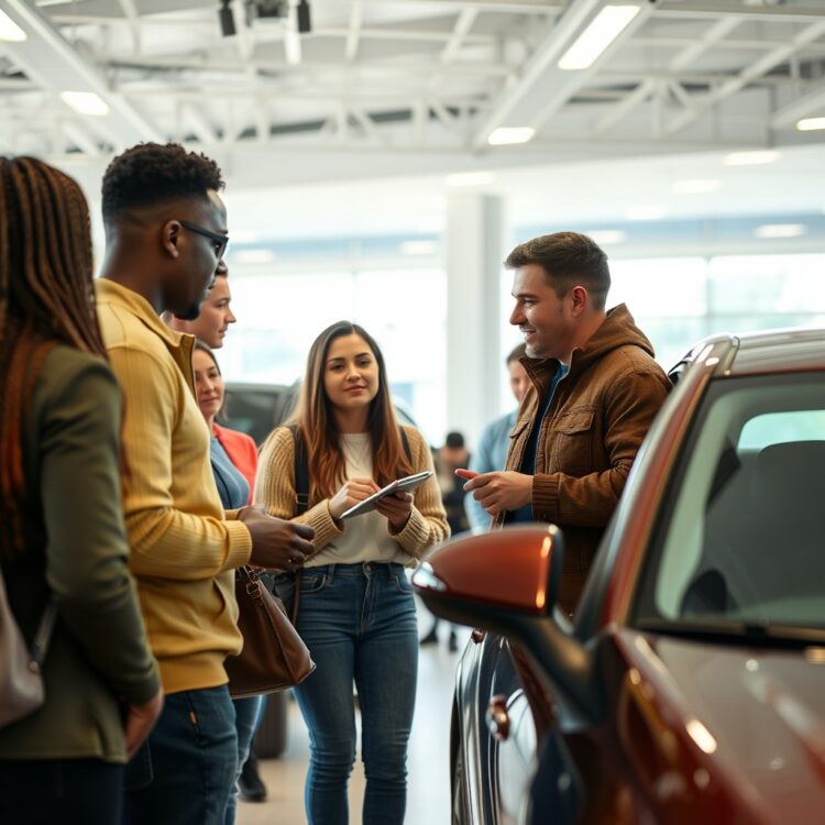 A group of diverse people discussing and inspecting a low-priced car at a dealership, representing customer reviews and satisfaction.