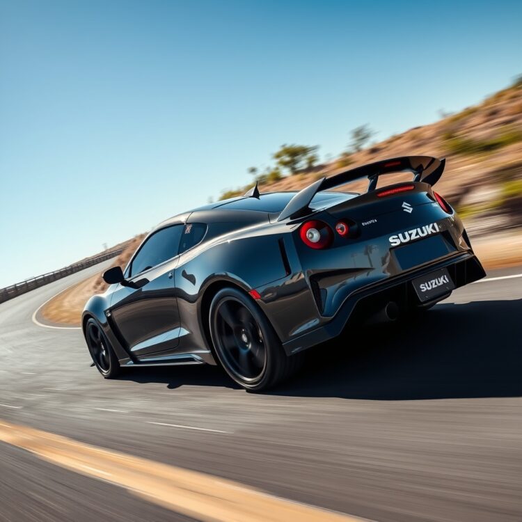 A sleek, high-performance Suzuki car speeding on a winding road, showcasing its engine power and handling dynamics under a clear blue sky.