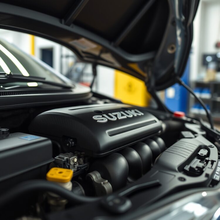A detailed close-up of a Suzuki car's engine bay during a maintenance service, highlighting the precision and care in its upkeep.