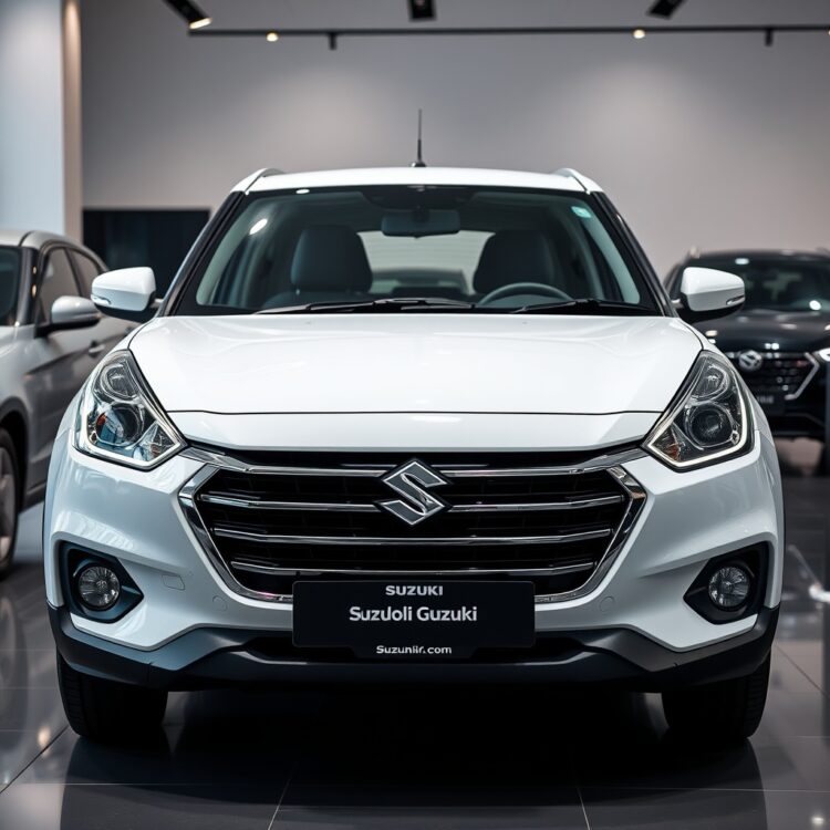 A pristine, high-end Suzuki car displayed in a showroom under soft lighting, emphasizing its premium features and excellent condition for resale.