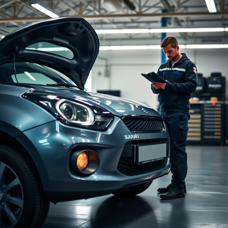 A professional stock photo of a Suzuki car being inspected in a modern, well-lit garage by a mechanic, symbolizing reliability analysis.