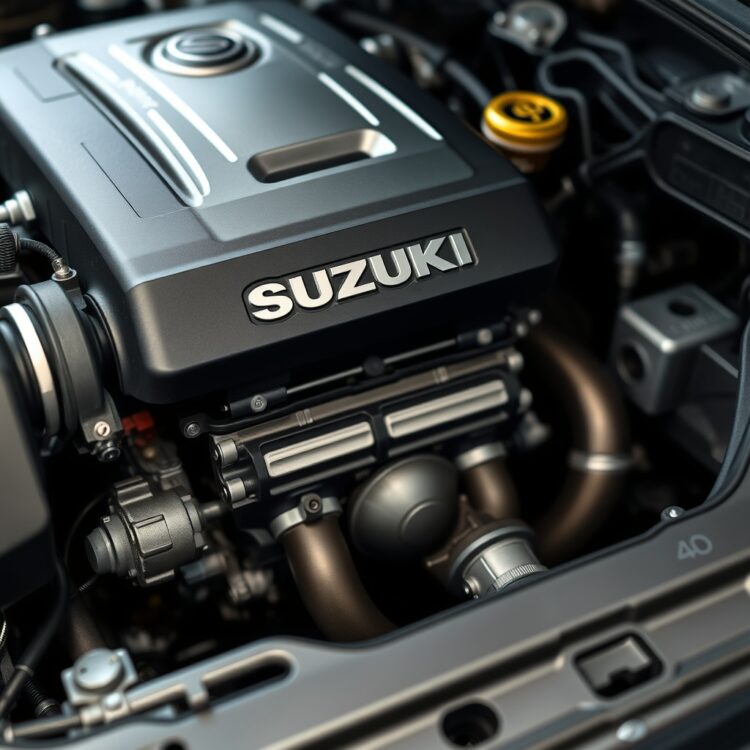 A professional stock photo of a Suzuki car engine with a focus on its components, highlighting the key factors of reliability.