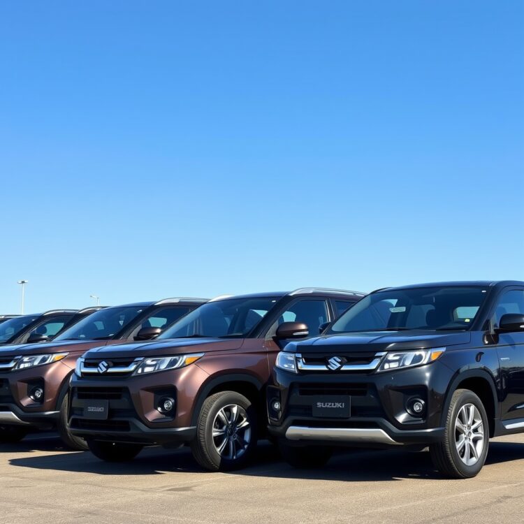 A professional stock photo lineup of the top 5 most reliable Suzuki models parked in a row under clear blue skies, showcasing their design and appeal.