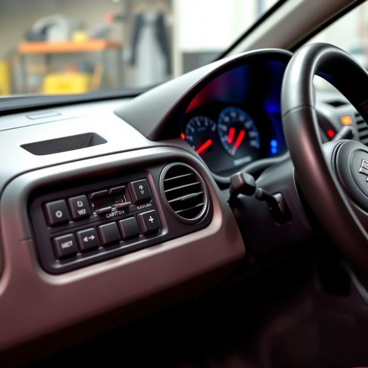 A professional stock photo of a Suzuki Alto's dashboard with visible electrical components like the power window buttons and dashboard lights, highlighting potential electrical system faults without any text.